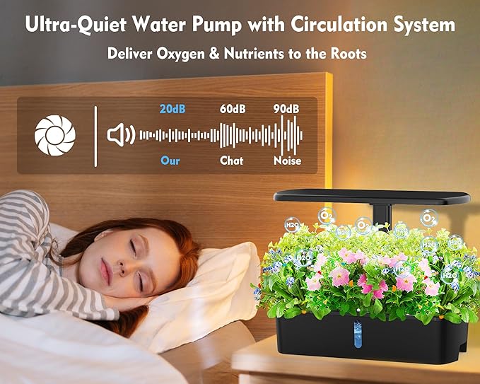 Hydroponics Growing System Kit 12 Pods Indoor Garden, Hydroponic Herb Garden Kit Indoor with LED Grow Light, Smart Indoor Garden, Adjustable Height, Auto Timer, Quiet Pump, Gift for Mom Women, Black