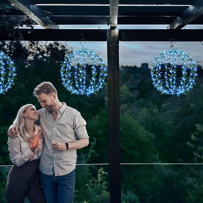 Flacchi Hanging Iron Sphere Lights with Artificial Greenery – 12Inch 120 LED Waterproof Outdoor/Indoor Decor Ball Light with Timer & 8 Modes – 2 Pack for Garden, Christmas, Weddings (Blue)