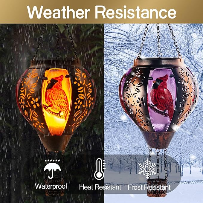 pearlstar Hot Air Balloon Solar Lantern with Flickering Flame Light Outdoor Solar Hanging Lights Waterproof for Garden Yard Farmhouse Patio Pathway Christmas Decoration,Glass&Metel(Cardinal)