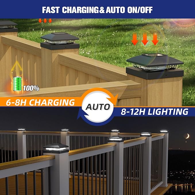 APONUO Solar Post Cap Lights for 4x4 Wood & Vinyl Posts, IP44 Waterproof Cool White LED 4x4 Post Solar Lights, Outdoor Garden Patio Yard Decor, 16 Pack (Black)