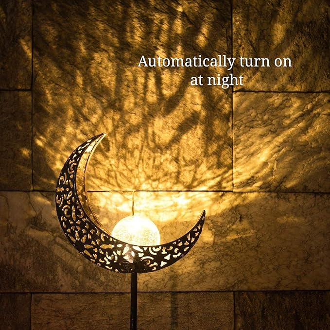 SunKite 2 Pack Garden Solar Light Outdoor Metal Moon Shape Lamp with Waterproof Crackle Glass Globe for Garden,Lawn,Patio,Pathway or Courtyard