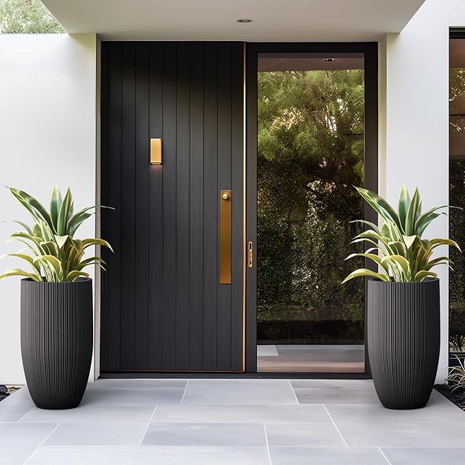 Kante 24 Inch Tall Round Concrete Planter, Large Indoor Outdoor Plant Pots with Drainage Hole and Rubber Plug, Modern Decorative Garden Pots for Home Patio Porch, Textured Black