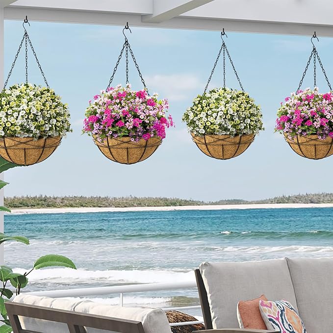 Hanging Planters for Outdoor Plants: 2 Pack 16" Hanging Baskets Flower Pots with Coco Liners & Plastic Saucer Large Deep Hanging Plant Holder for Porch Balcony Garden Décor