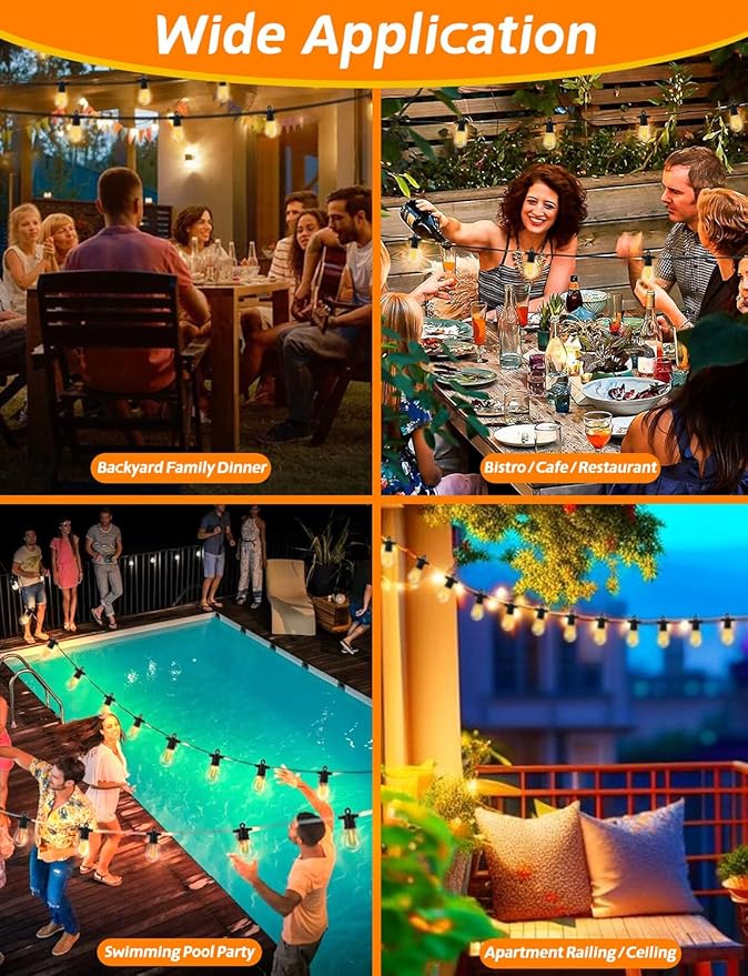 Achin 26FT LED Outdoor String Lights, Patio Lights Waterproof with 13+1 S14 Edison Shatterproof Bulbs, 2200K Dimmable Outside Hanging Lights, String Lights for Outside Backyard Bistro Market Pergola