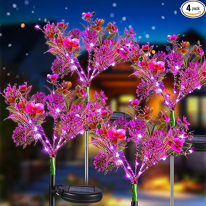 Neporal Solar Garden Lights, 4PK Purple Phalaenopsis Solar Flowers Outdoor Waterproof, Solar Lights Outdoor Decorative for Garden, Yard Decor,