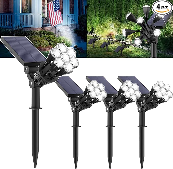Solar Lights Outdoor Waterproof IP68, 360° Adjustable 4 Modes Solar Powered Spot Lights for Yard Garden Landscape, Bright Led Flood Lightings for Outside Wall Tree House Pathway (Cold White/4 Pack)