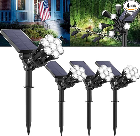 Solar Lights Outdoor Waterproof IP68, 360° Adjustable 4 Modes Solar Powered Spot Lights for Yard Garden Landscape, Bright Led Flood Lightings for Outside Wall Tree House Pathway (Cold White/4 Pack)