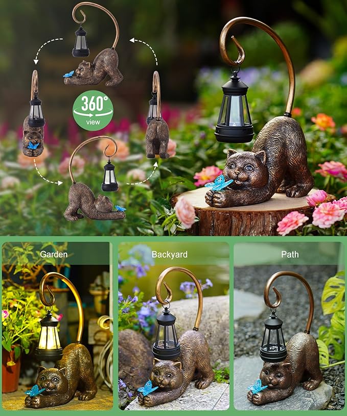 Solar Cat Garden Statue for Outdoor: Outside Sculptures Decor for Art Patio Balcony Yard Lawn – Unique Birthday Gift for Women Mom Grandma