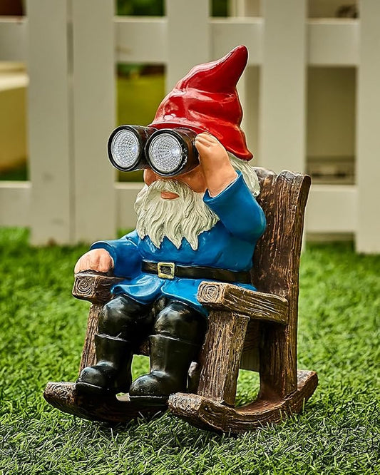 Solar Garden Gnome Statues Resin Gnome Figurines Sitting on Rocking Chair Outdoor Telescope Gnome Gifts for Yard, Patio Decor Gift