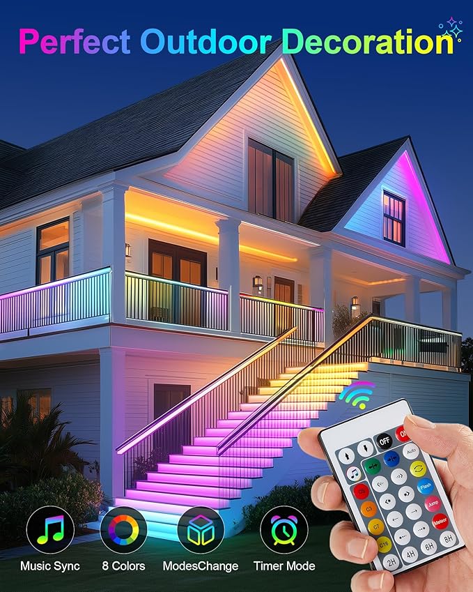 Solar Led Strip Lights Outdoor RGB,16.4FT Music Sync Solar Strip Lights Outdoor Waterproof IP68 with Remote & 8 Lighting Modes,Powered Rope Lights for Yard Trees,Garden,Step,Patio,Fence,Deck