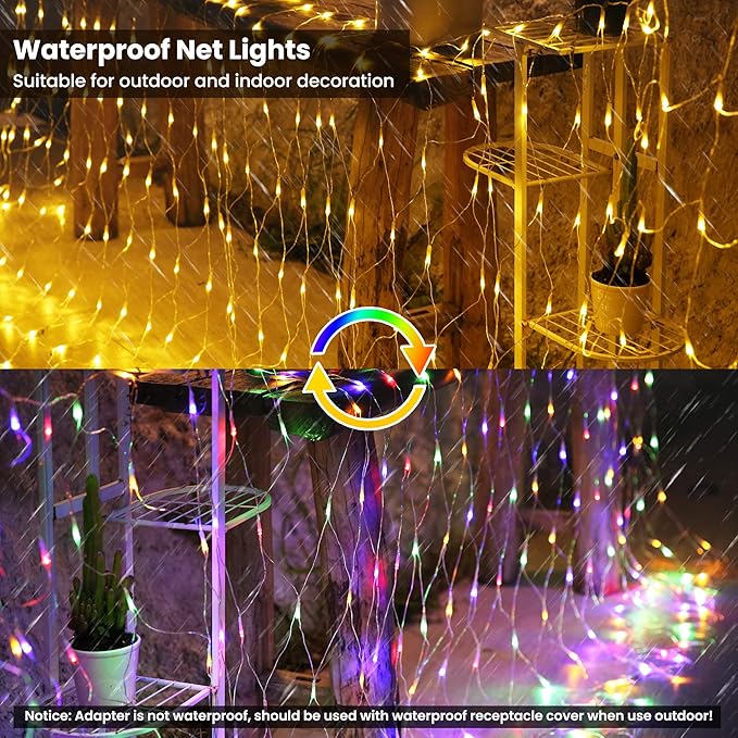 12ft x 5ft 360 LED Christmas Net Lights, 11 Modes 30V Christmas Net Lights, Warm White-Multi Color Changing Mesh Decorative Net Lights for Xmas Tree Bush Wedding Garden Outdoor Indoor Decor