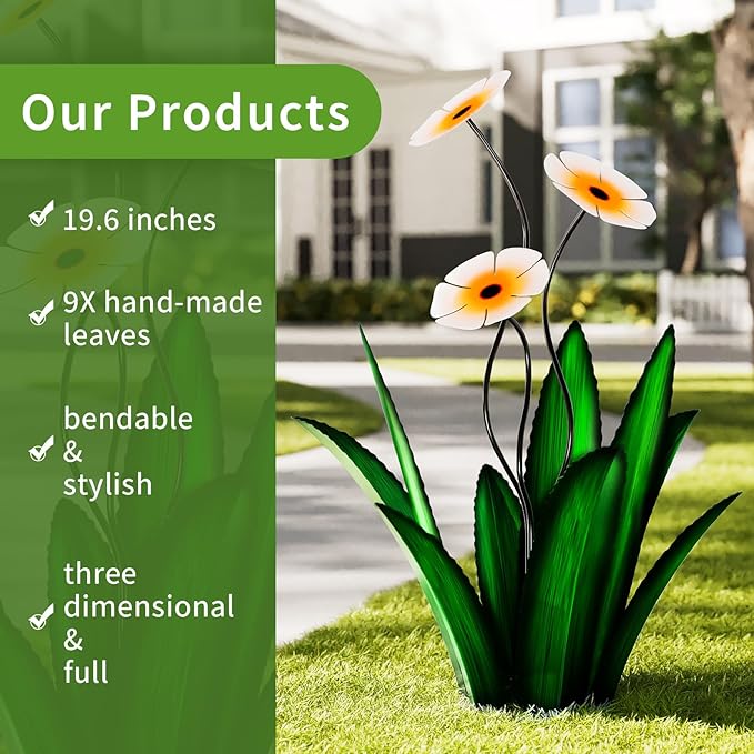 Upgraded Large Metal Yard Art, Agave Plant Yard Decorations Outdoor Sculpture, Flowers for Outside, Waterproof Outdoor Garden Decor (Blue + White Flower)