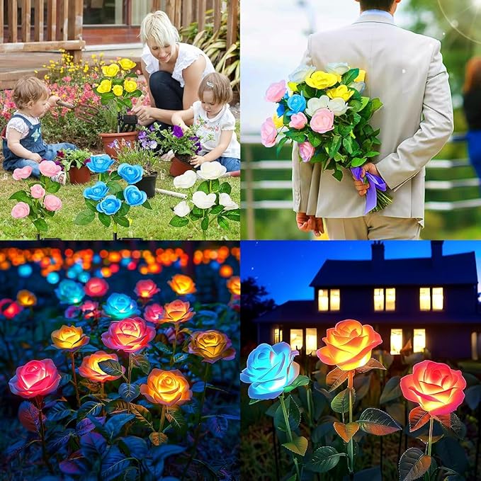 3 Pack Solar Garden Lights Outdoor, Solar Lights Outdoor IP65 Waterproof, 7 Color Changing Solar Powered Flowers Rose Lights for Outside Patio Yard Pathway