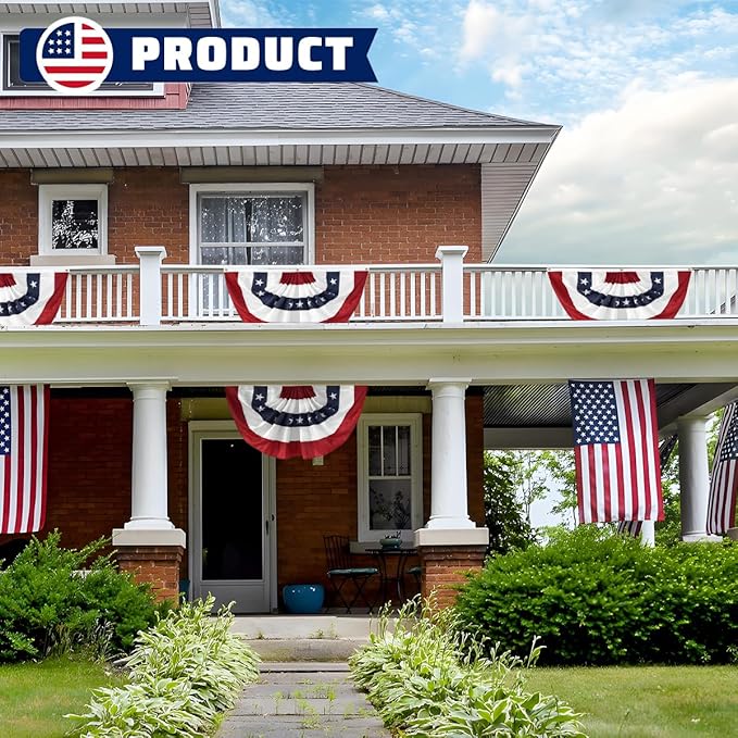 3Pack USA Pleated Fan Flag, 2x4 Feet American Bunting 4th of July Decorations Flags Patriotic Decor Embroidered Stars & Sewn Stripes Canvas Header Brass Grommets for Outside Porch Garden