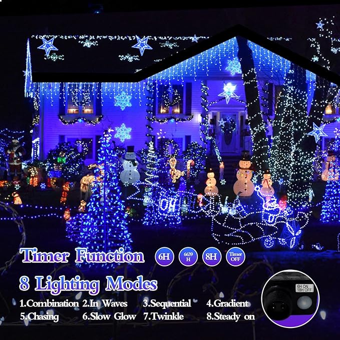 480 LED 49FT Christmas Lights Plug in 8 Modes with Timer Dimmable Christmas Decorations Outdoor Waterproof Indoor Curtain String Lights for Roof Porch Garden Holiday Wedding Party Decor Blue