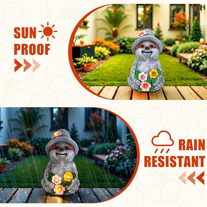Solar Garden Outdoor Statues Sloth with 4 LED Lights,Lawn Decor Sloth Statue for Patio,Balcony,Yard,Lawn Ornament,Unique Gifts for Mom Grandma