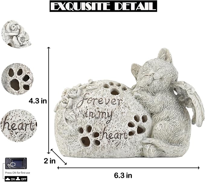 Cat Memorial Gifts Outdoor Statue with Solar Lights,Outdoor Resin Pet Ornament Grave Memorial Angel Decor Stone Effect