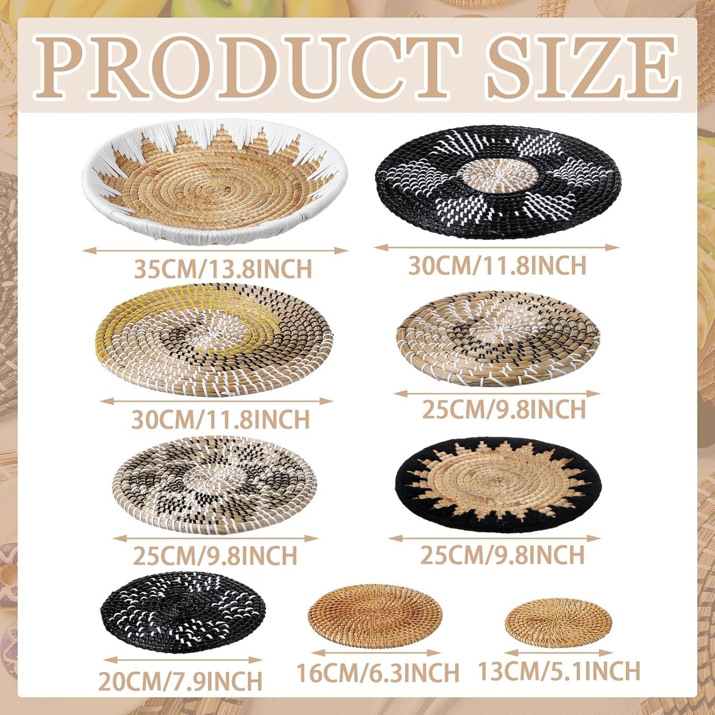 Xuhal 11 Pcs Boho Hanging Wall Basket Decor Handmade Woven Basket Wall Decorative Boho Wicker Baskets Placemats Round Farmhouse Bulrush Art for Rustic Home Decorations Christmas Gift(Stylish)