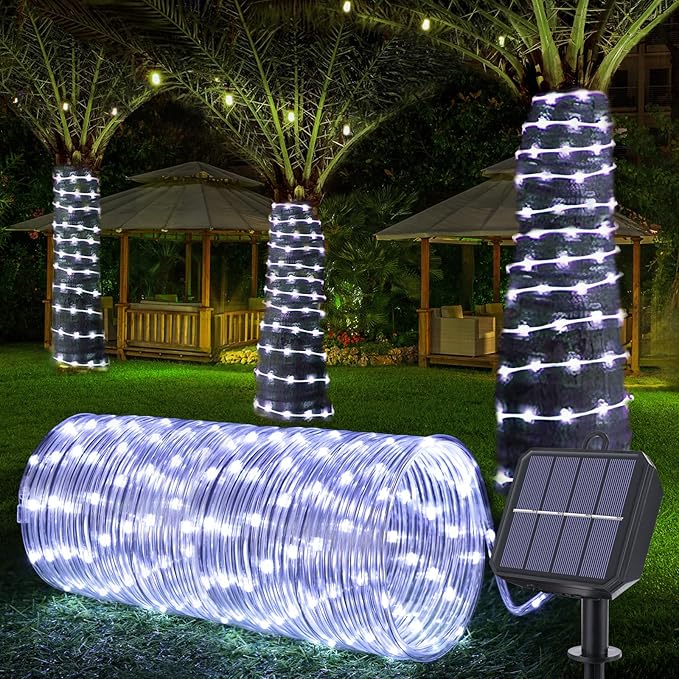 Solar Rope Lights, 66ft 200LED String, 8 Modes Waterproof Powered Outdoor, Flexible Clear Tube for Garden, Backyard, Patio, Deck, Porch, Pool, Tree Decorative - White