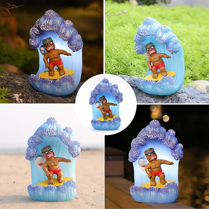 Solar Tiki Statue Decor-Garden Statue Outdoor Ornaments - Tiki Man Surfing Waterproof Decoration Figurine for Tiki Bar,Patio,Balcony,Yard,Lawn,Table