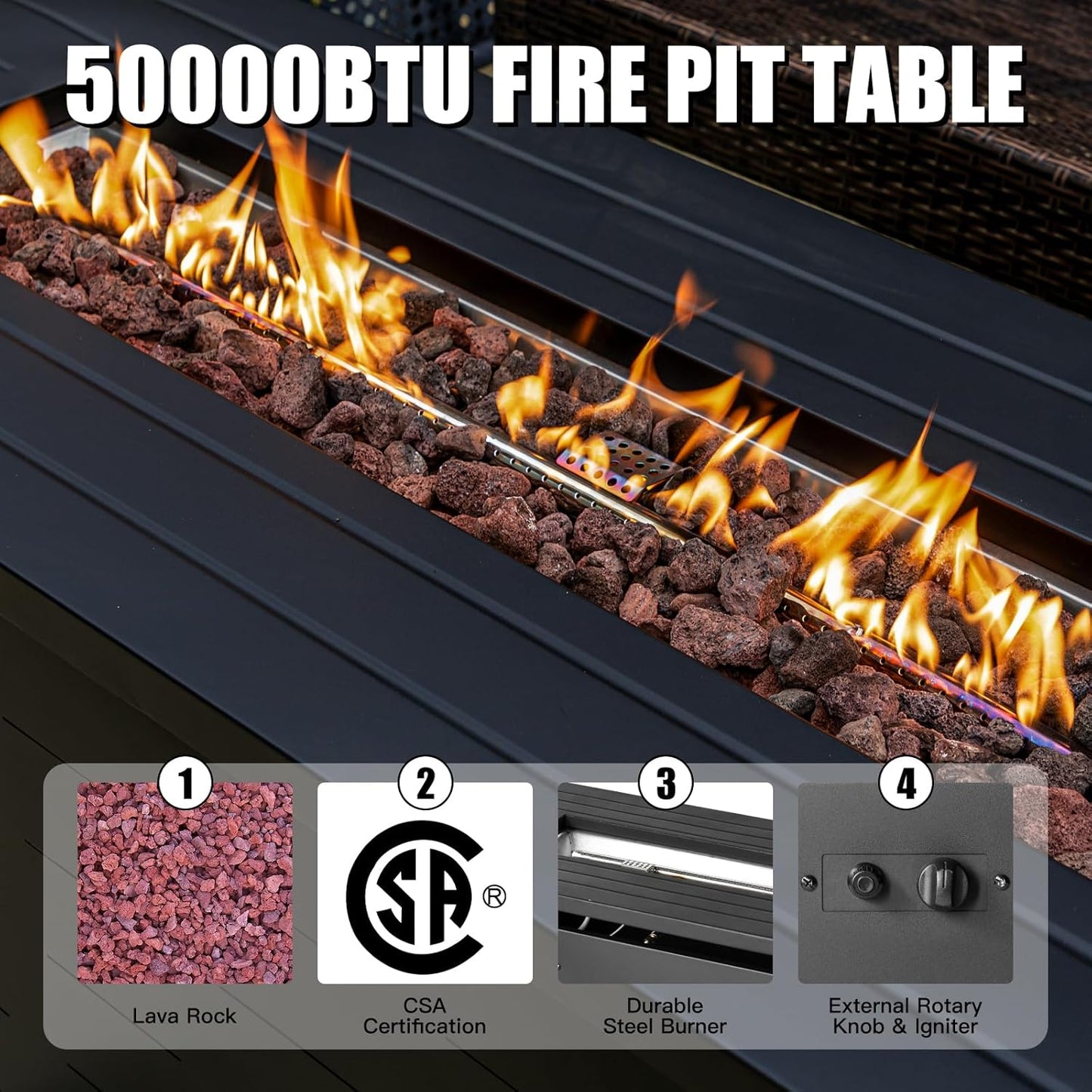 45 inch Propane Fire Pit Table,50000 BTU Gas Fire Pits Table with Lid & Lava Rock & Waterproof Cover, Outdoor Propane Firepit for Dining or Party, Outside, Patio, Garden, Yard