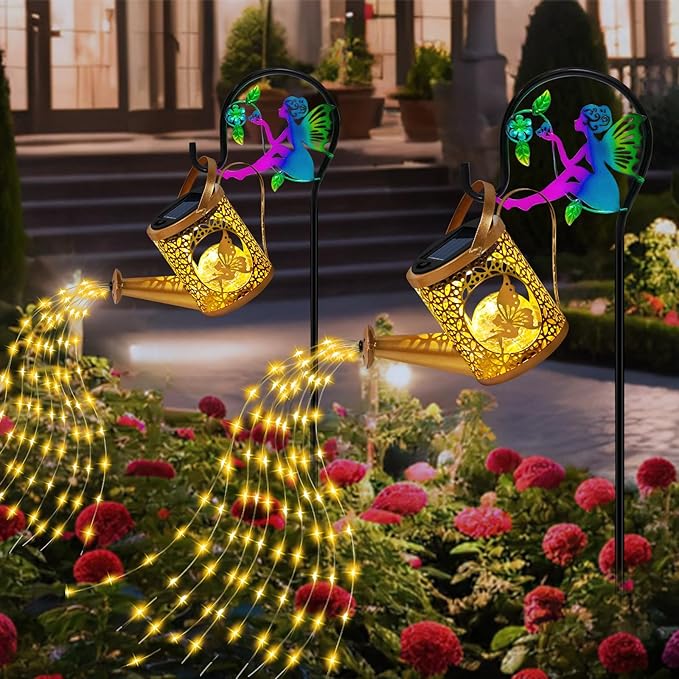 Solar Lights Garden Decorative, Solar Watering Can with Cascading Lights, Waterproof Metal Lantern with Fairy Shepherd Hook, Outdoor Decor for Yard, Patio, Lawn, and Pathway