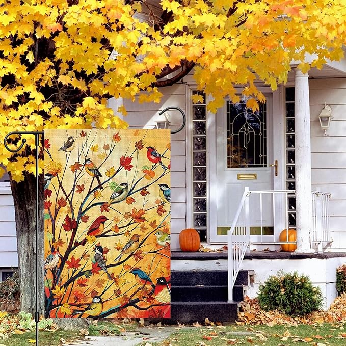 Louise Maelys Welcome Fall Garden Flag 12x18 Double Sided, Small Burlap Autumn Maple Tree Birds Thanksgiving Outside Outdoor House Yard Decor