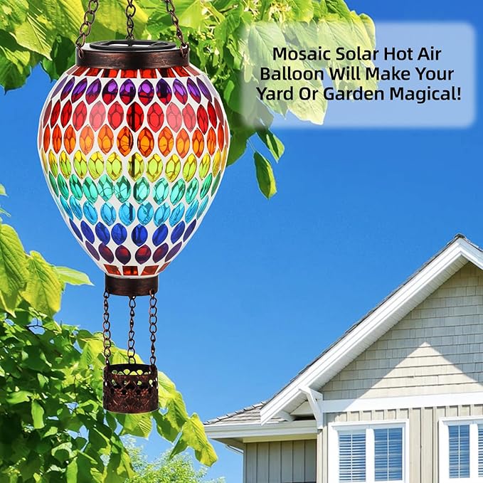 VOREEN Hot Air Balloon Solar Lantern, Mosaic Solar Outdoor Hanging Wind Light, Waterproof, Patio Festive Decor, Easter Gifts for Mom Father Grandma, Rainbow Pattern
