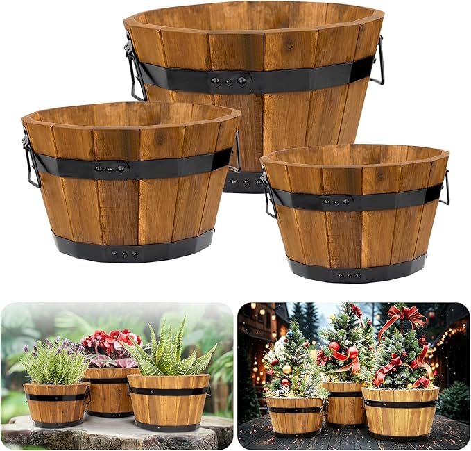 Idzo Set of 3 Wooden Flower Boxes Outdoor, Durable Acacia Wood Barrel Planters for Outdoor Plants with Ergonomic Handles, Drainage Holes, Multiple Sizes Wood Bucket Planter Light Brown