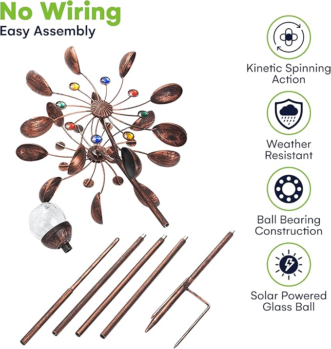 SteadyDoggie 75-Inch Wind Spinners Jewel Cup - Solar-Powered with Multi-Color LED Glass Ball - Metal Kinetic Windmill for Dual Wind Direction - Easy to Assemble Garden and Outdoor Yard Decorations