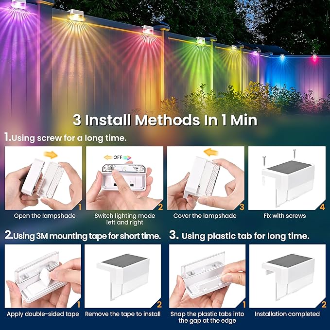 SOLPEX Solar Fence Lights Outdoor,Solar Deck Lights Waterproof Led Solar Lights for Outdoor Stairs,Step,Patio,Yard,Garden,Balcony and Porch,12 Pack Shell-Like Light Spots(White Shell,Warm White&RGB)