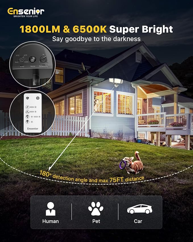Ensenior 5 Motion Sensor Modes Solar Security Light, 1800LM 270° Wide Angle 3 Heads LED Flood Lights, IP65 Waterproof Wall Lights, Separate Solar Panel Remote Control Solar Lights Outdoor