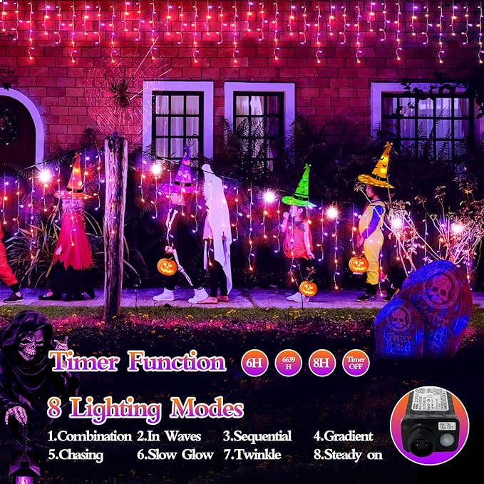 480 LED 49FT Halloween Lights Plug in 8 Modes with Timer Dimmable Halloween Decorations Outdoor Waterproof Indoor Curtain String Lights for Roof Porch Garden Holiday Wedding Party Decor Orange+Purple
