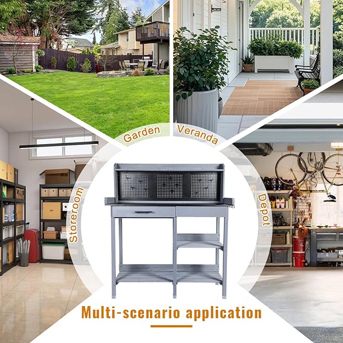 Outdoor Potting Bench Table,Garden Work Bench Metal Tabletop Horticulture with Shelf Rack Wooden Potting Benches for Outside with Holey Board/Hooks/Pads/Drawer/Adjustable and Cabinet,Gray