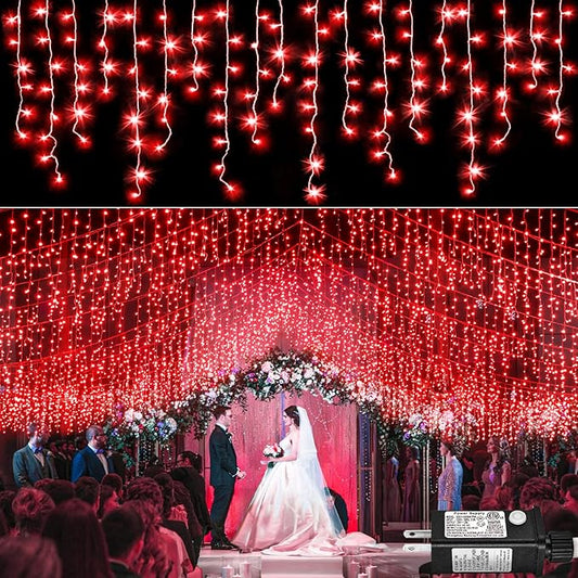 66ft Icicle Lights for Outside, Red Christmas Lights Outdoor Waterproof for House, 640 LED Twinkle Tree Lights with 120 Drops Clear Wire Short Curtain Lights for Room Home Wall Indoor Decorations