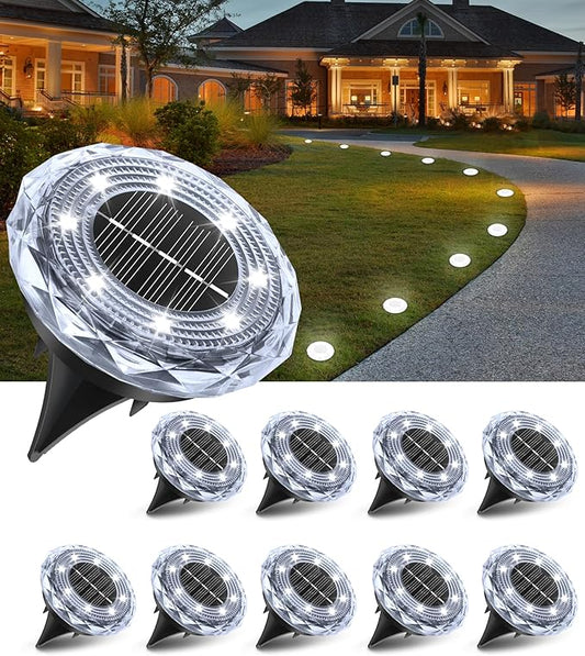 Solar Ground Lights,10 Pack Solar Powered Pathway Lights Outdoor,15Hrs Lasting,IP65 Waterproof,8 LED Solar Disk Light for Patio Driveway Walkway Garden Lawn Path Landscape