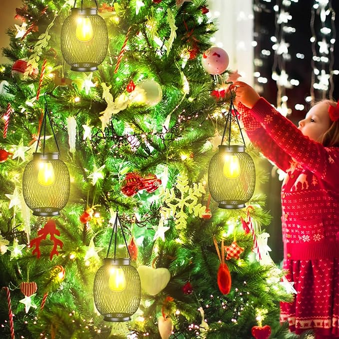 Solar Lanterns Outdoor Waterproof, 2 Pack Vintage Metal Solar Hanging Lanterns Outdoor with Hooks Solar Garden Decoration Lights Solar Lights Outdoor for Patio Balcony Yard Lawn, Black