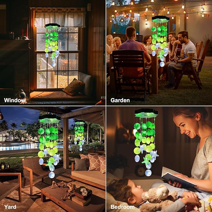 Solar Wind Chimes for Outside, White & Green Shell Gifts for Mom Grandma Women, Waterproof Solar Outdoor Decorative Mobile Lights for Garden, Yard, Patio, Window, Party, Outdoor Decorations