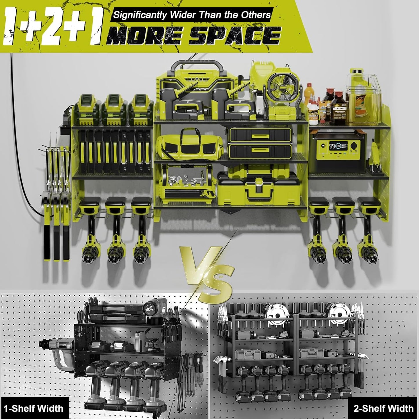 Power Tool Organizer Wall Mount with Charging Station, Expanded Width Tool Organizer for Garage Organization Max. 200lb Load, Heavy Duty Cordless Drill Holder with Outlet Power Strips