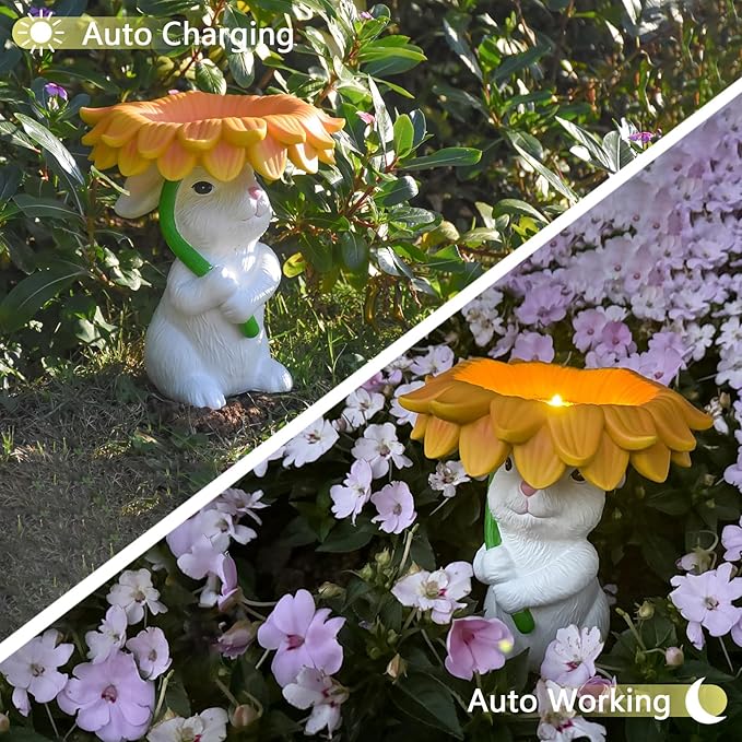 Solar Garden Decor Bunny Garden Statue Easter Decorations Outdoor Resin Sunflower Rabbit Statue with Bird Feeder Patio Decor Bunny Figurines with Lights Yard Decorations Easter Gifts for Women