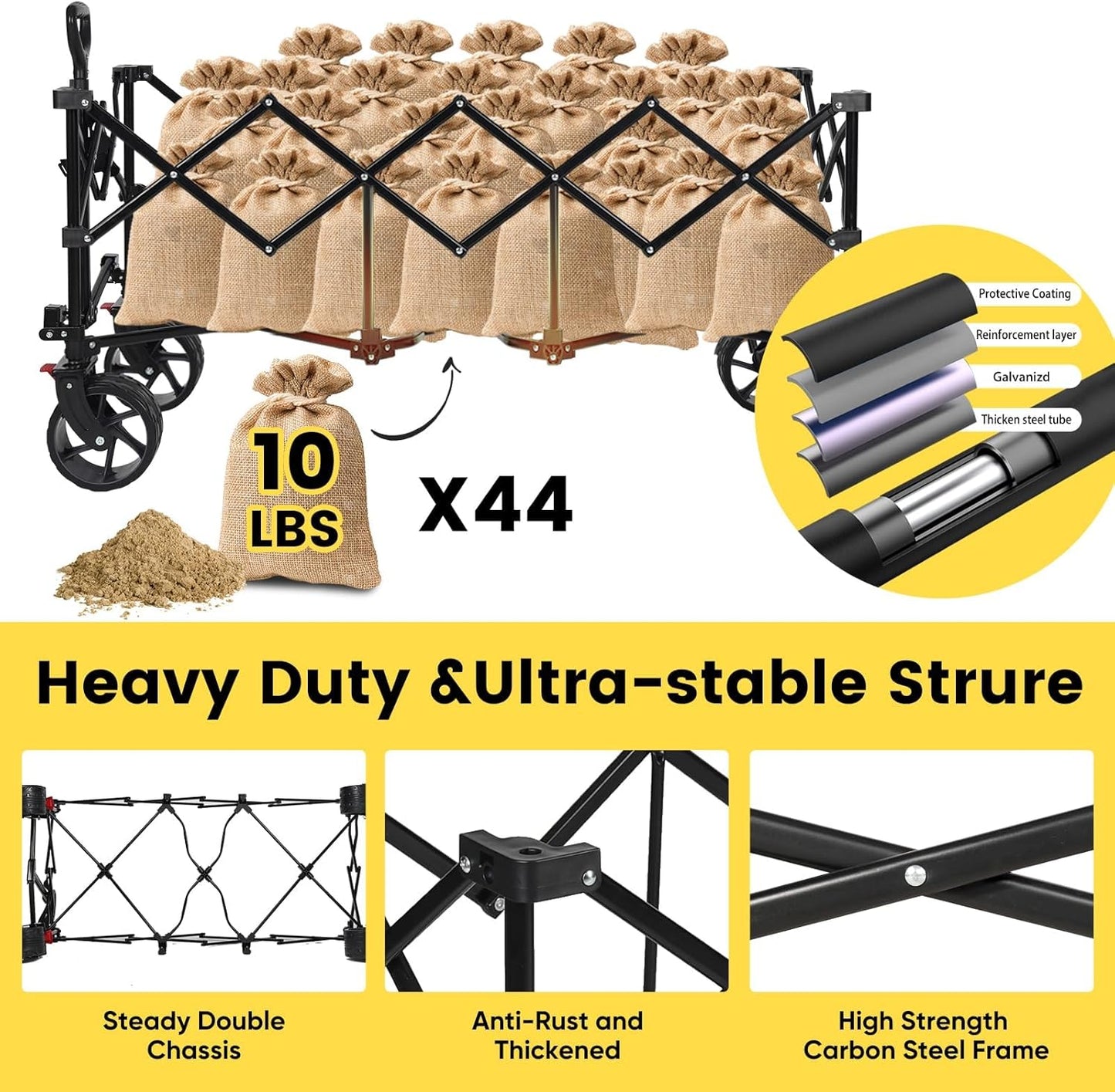 Sekey 48''L Collapsible Foldable Extended Wagon with 440lbs Weight Capacity, Heavy Duty 300L Folding Utility Garden Cart with Big All-Terrain Beach Wheels & Drink Holders. Red&Grey