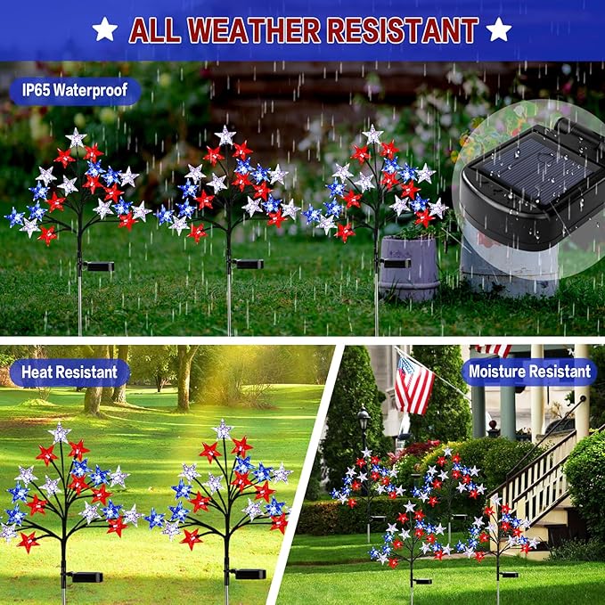 Solar 4th of July Stake Lights, Red White and Blue Lights Outdoor Decorations, Led Patriotic Lights Battery Operated for Memorial Day, July 4th, Veterans Day Outside Decor (2 Individual Pack)