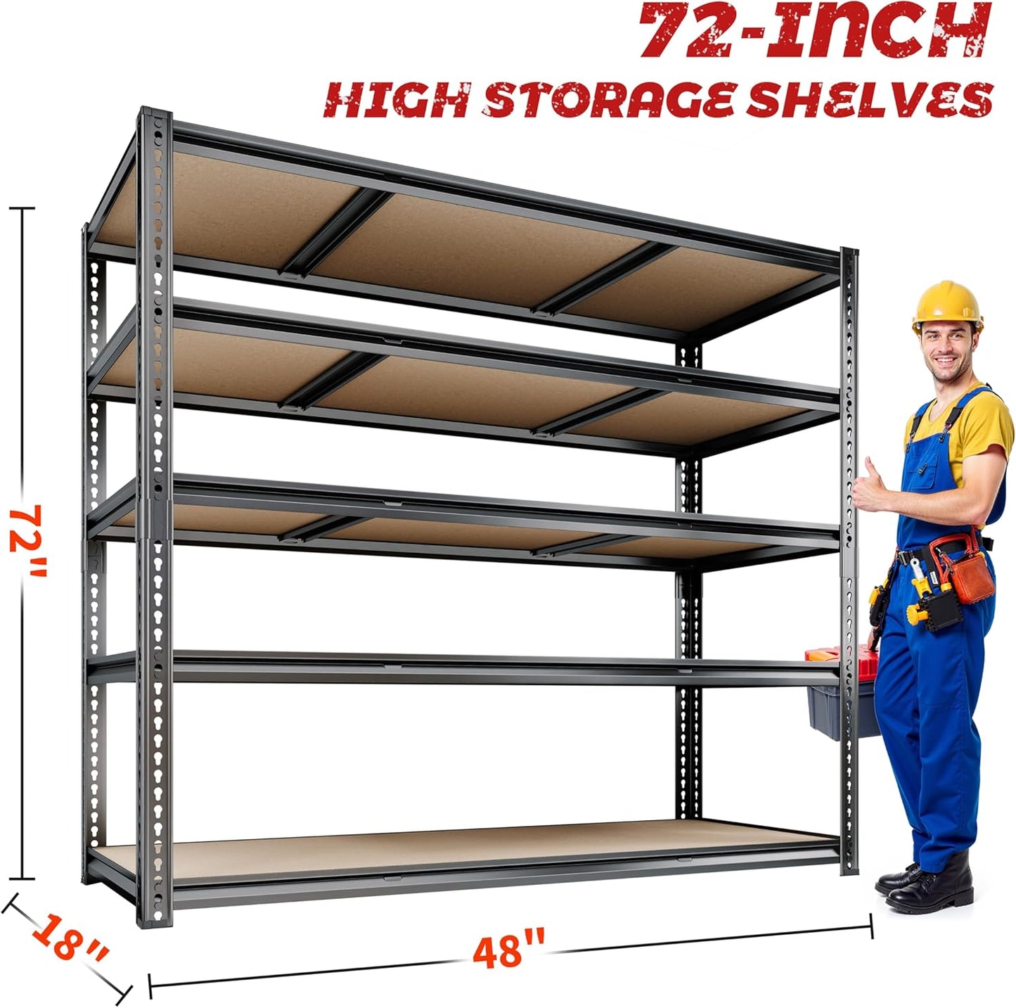 48"W Garage Shelving, 3050LBS Storage Shelves heavy duty, 5 Tier Metal Shelving Unit Adjustable Garage Shelves Heavy Duty Shelving for Warehouse,Commercial, Kitchen, 48" W × 18" D × 72" H, Black, 2PCS