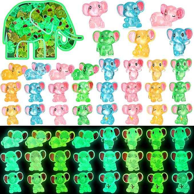 48 Pcs Mini Elephant Animals Luminous Resin Small Animal Figurines Bulk Glow in The Dark Garden Accessories Moss Landscape DIY Terrarium Ornament for Garden Dollhouse Decoration