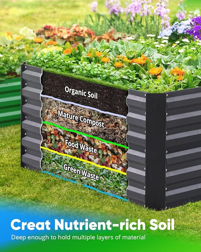 Quictent Galvanized Raised Garden Bed 4x3x2ft Tall Garden Bed Extra Height 22.4" Hold 24cft Soil Outdoor Heightened Planter Box for Deep Root Vegetables Herbs Tomato Cage Included, Dark Grey