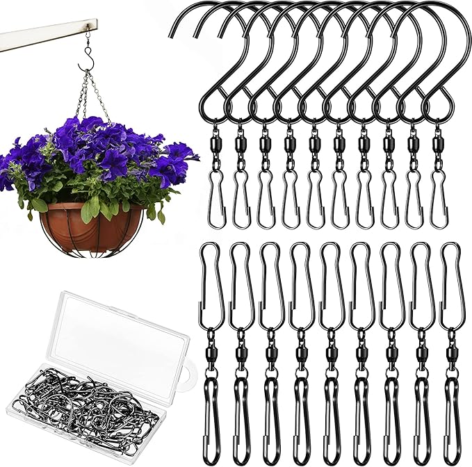 Jetec Wind Spinner Swivel Hooks 360 Degree Dual Spinning Windsock Chime Supplies Hanger Swivels Clip Hanging Hooks with Storage Box for Wind Spinners Supply, 2 Styles (Black,20 Pieces)