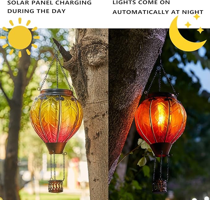 Hot Air Balloon Solar Lantern with Flickering Flame Hanging Solar Lights Outdoor Waterproof Lanterns for Garden Patio Yard Party Decoration