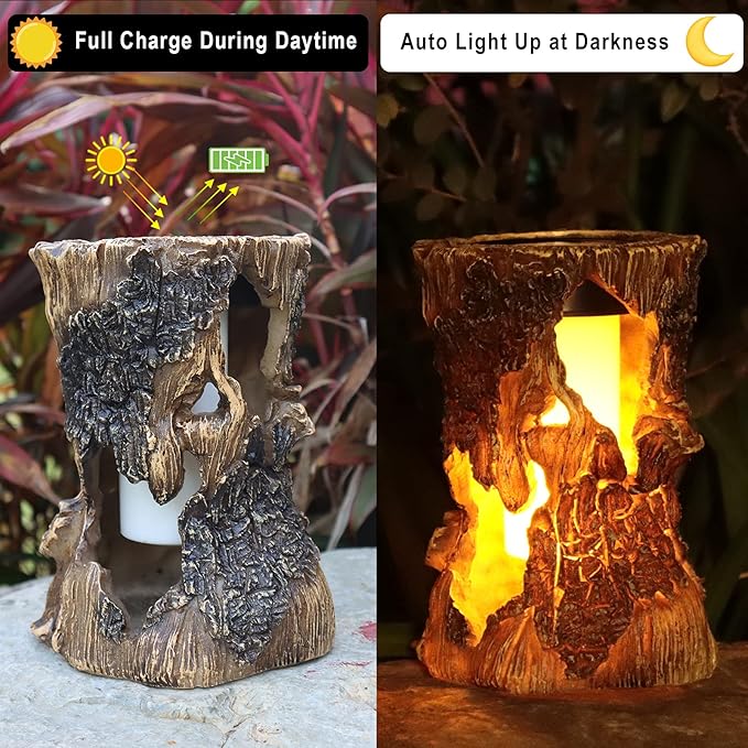 pearlstar Solar Lanterns Outdoor Tree Stump Fire Flame Light Halloween Decorative Solar Powered Lantern Waterproof Decor for Patio Garden Yard Pathway Lawn Deck,2PACK