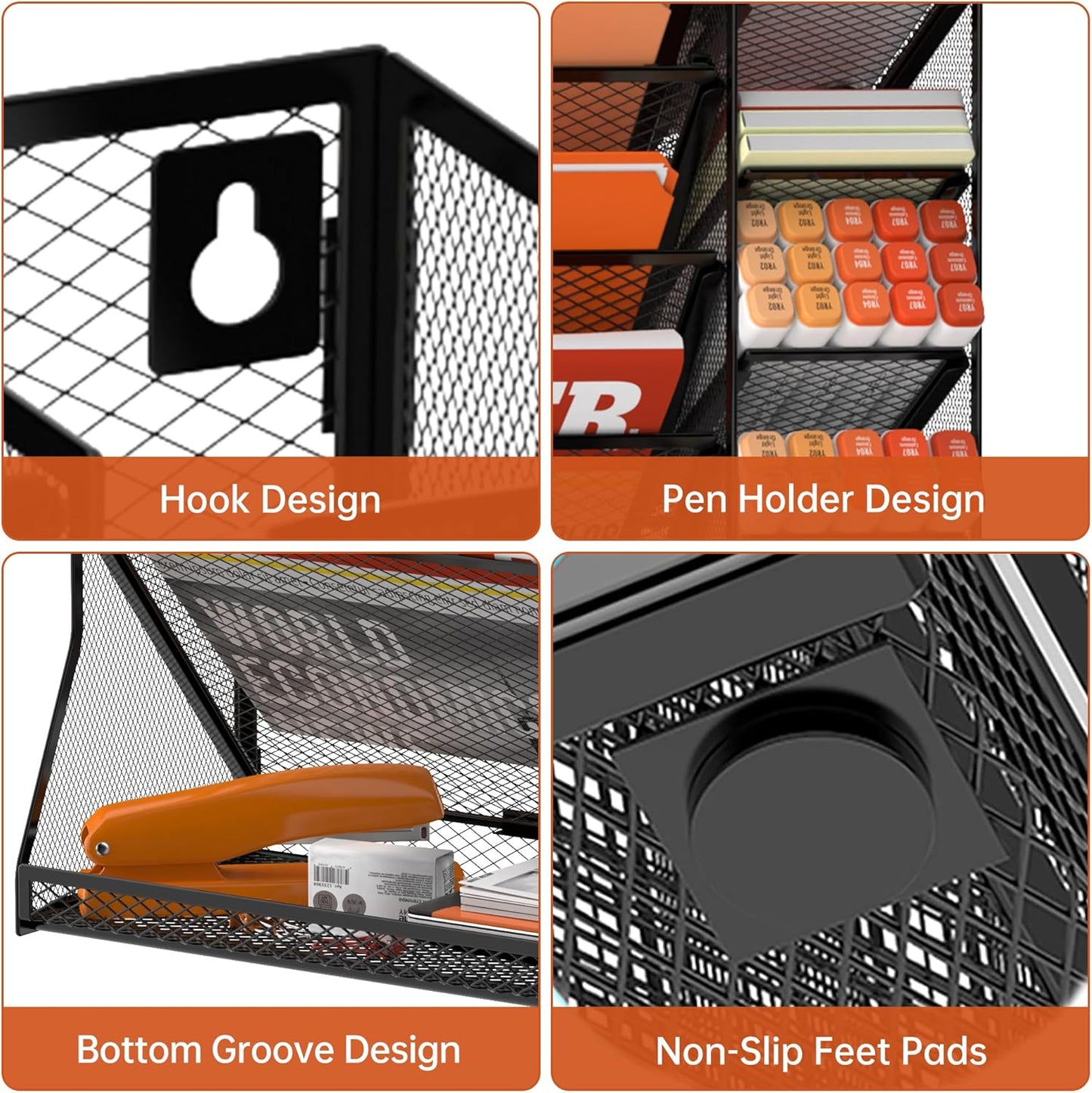 SUPEASY Wall File Organizer, 5-Tier Desk Organizer with 4 Pen Holders, Wall Organizer for Office with R-shaped Bottom Tray, Desk Organizers and Accessories for Office Supplies, Black