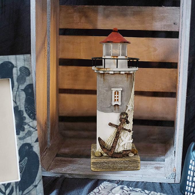 Wooden Lighthouse With Light - Rustic Nautical Ocean Sea Beach Themed Decoration, Handcrafted Tabletop Home and Bathroom Decor (11.4"H)